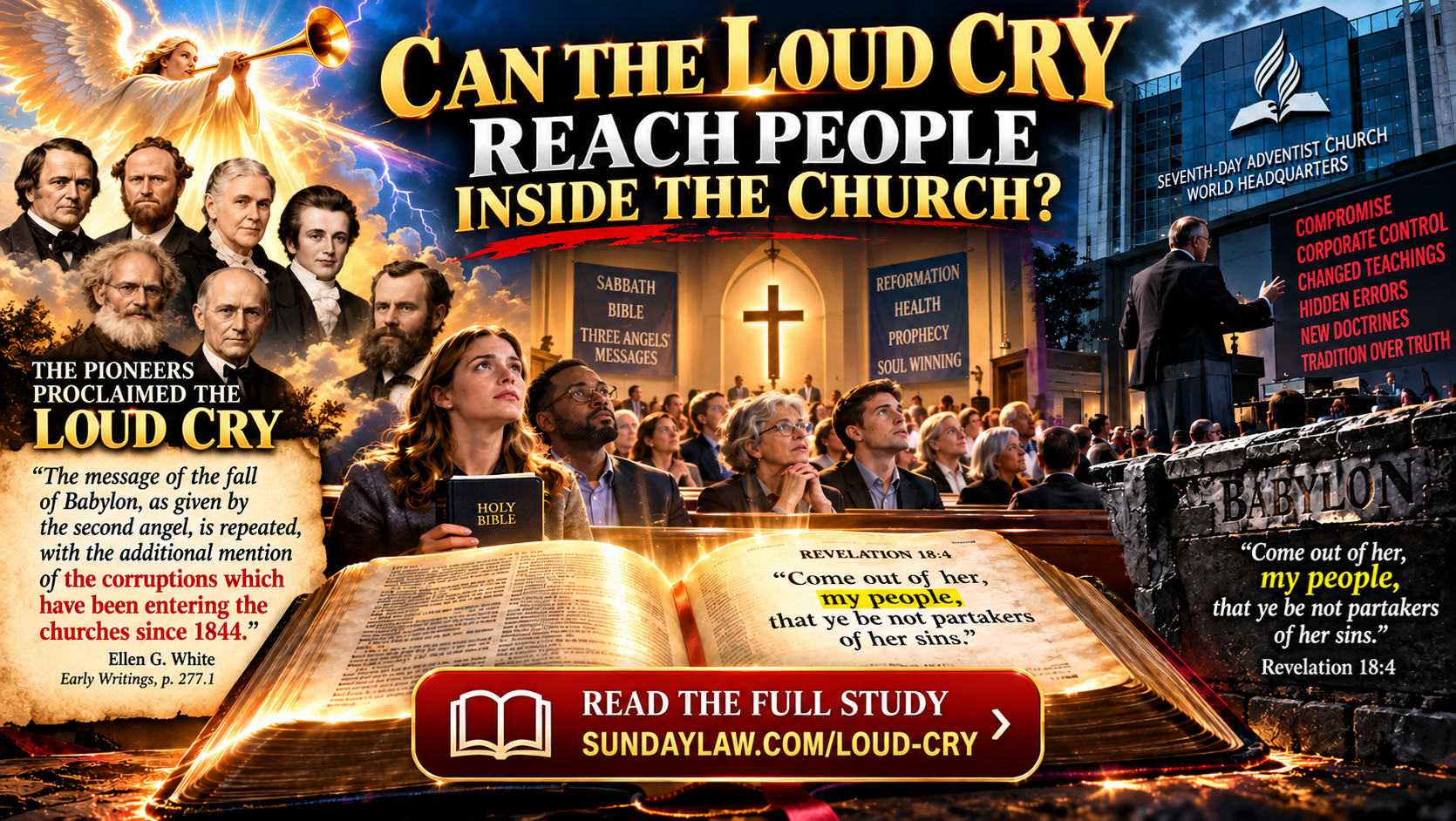 Loud Cry study artwork featuring Ellen White and the Revelation 18:4 call to come out of Babylon.