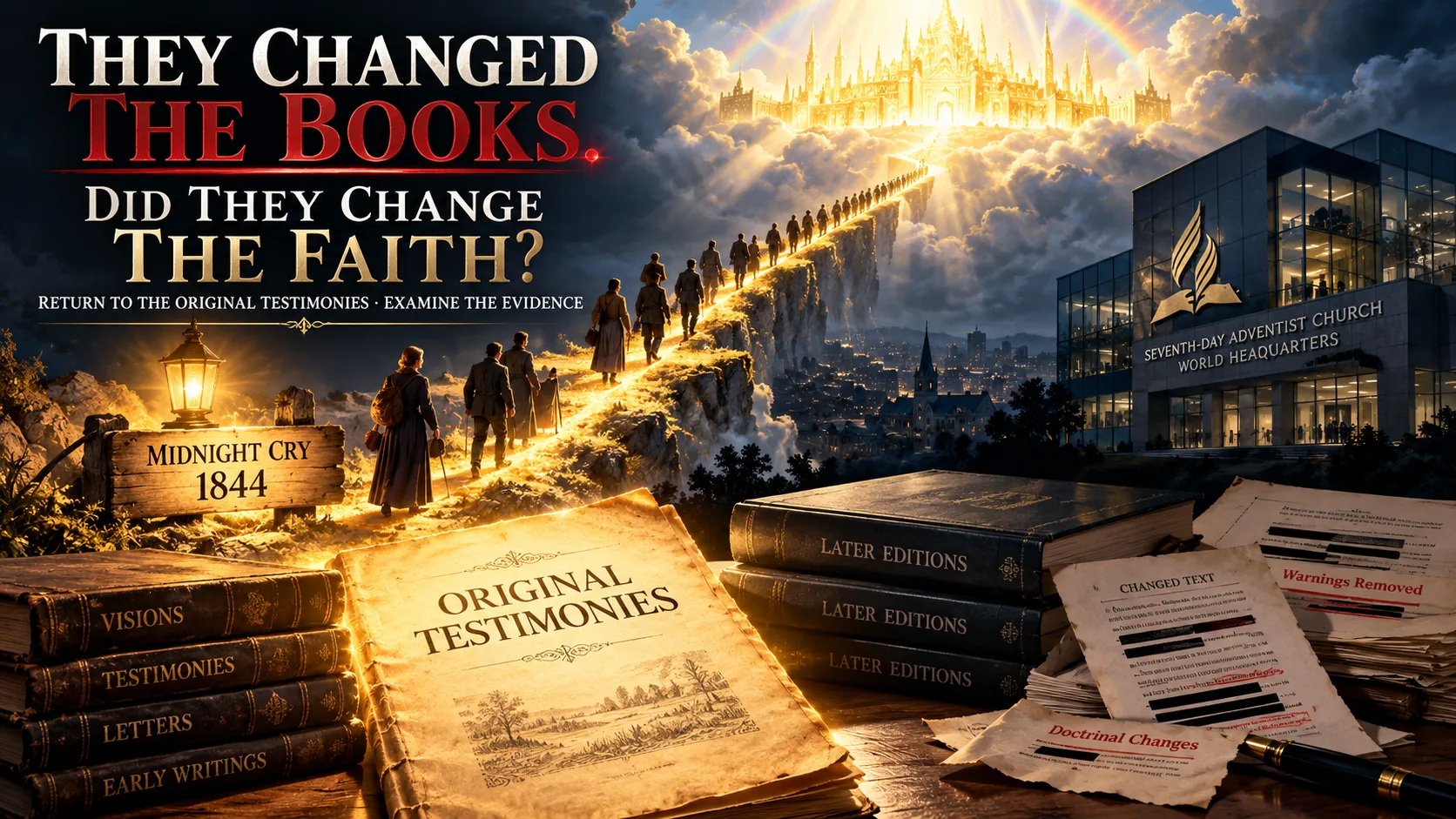 Ellen White's narrow path vision depicting the 1844 Midnight Cry, original Spirit of Prophecy writings, later Adventist editions, and the New Jerusalem.